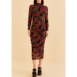 Farm Rio‎ EUC XS Wild Horses Tulle Midi Dress Ruched Equestrian Black Designer